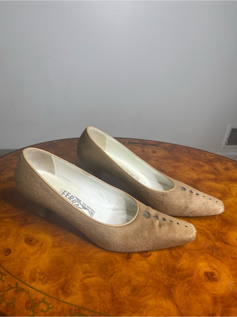 Salvatore Ferragamo Tan Haircalf Flats with Button Detail - Picture 3 of 5